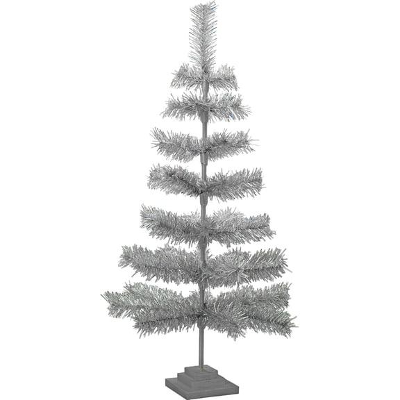 36IN Silver Tinsel Christmas Tree, Artificial Flame Resistant Branches Indoor Outdoor Tabletop Display Centerpiece Tree, Stand Included, 3FT Tall