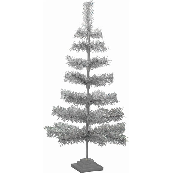36IN Silver Tinsel Christmas Tree, Artificial Flame Resistant Branches Indoor Outdoor Tabletop Display Centerpiece Tree, Stand Included, 3FT Tall