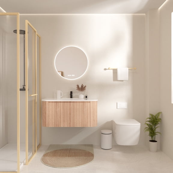 36In Wall Mounted Bathroom Vanity w/ Sink Curved Design,Wave Texture Wood Finish, Integrated Cultured Marble, Pre-Assembled, Modern Floating Vanity Cabinet with Soft Close Drawer