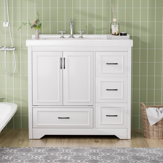 36Inch Bathroom Vanity with Single Sink, Modern Storage Cabinet with 4 Drawers and 2 Doors, Anti-Spill Hole, Freestanding Cabinet for Home, White