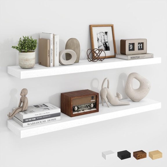 36Inch Floating Shelves for Wall, Rustic Wooden White Floating Shelves for Bathroom|Bedroom|Kitchen, Deep Wall Mounted Book Shelf, Wood Storage Display Shelf for Home Decor, Set of 2