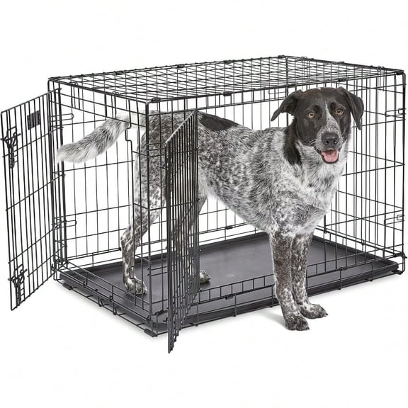 36Inch TwoDoor ICrate Folding Dog Crate With Divider Panel LeakProof Tray Secure Latches Metal Wire Kennel For ML Breeds Portable Durable Easy To Assemble