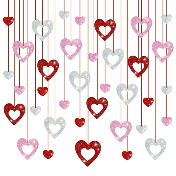 36PC Valentine's Day Decorations Glitter Heart Hanging Swirls Red Pink Silver Decor for Galentines Valentines Day Party Wedding Decorations