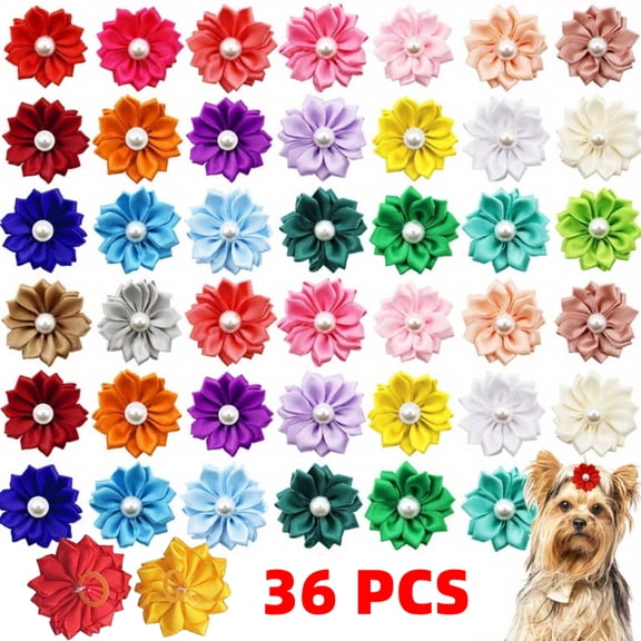 36PCS(18Paris) Cute Dog Hair Bows with Rubber Bands Pearls Flowers Topknot Dog Bows Pet Grooming Products Multicolors