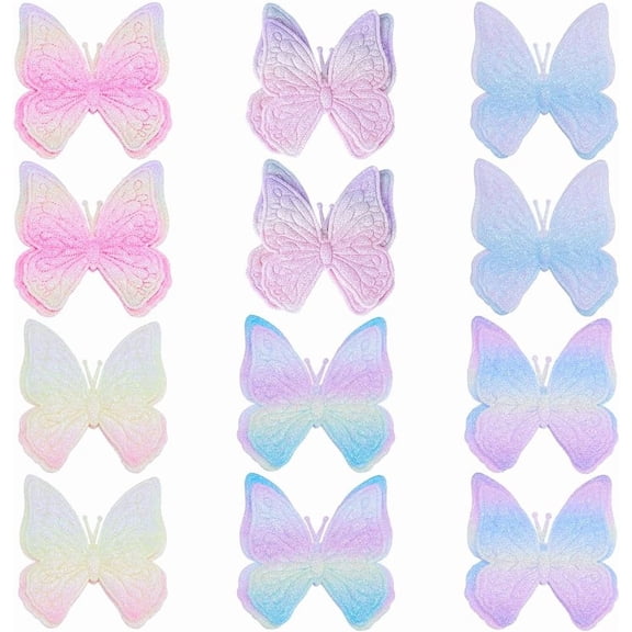 36PCS 6 Colors Butterfly Wings Patches Embossed Angel Wing Fabric Cloth Sew On Patches Mixed Color Glitter Ornament Applique DIY Sewing Craft Decoration