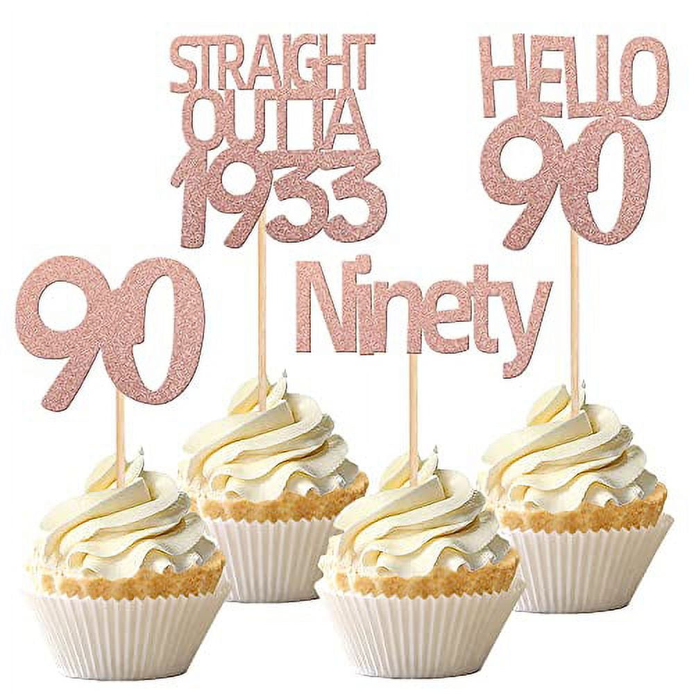 36PCS 90th Birthday Cupcake Toppers Glitter Nighty Hello 90 Straight Outta 1933 Cupcake Picks for Cheers to 90 Birthday Anniversary Party Cake Decorations Supplies Rose Gold