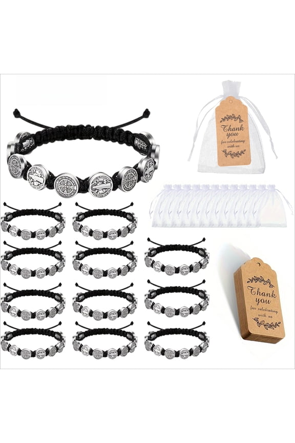 36PCS Braided Blessing Bracelet Gift Set, 12 Black Beaded Benedictine Bracelets with Virgin Mary Image, 12Cards & 12Gift Bags, Religious Bracelets for Party Favors, Spiritual Gifts, Faith Accessories