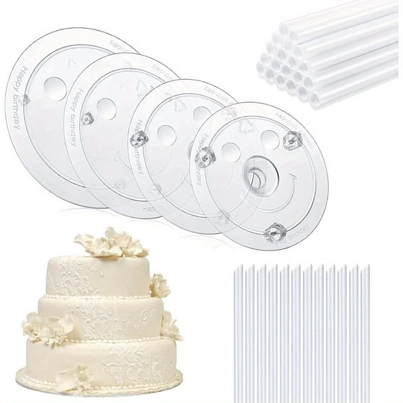 36PCS-Cake Sticks Support Rods with Cake Board Drums, White Plastic Cake Separator Plates for Chic Multi-Tiered Cake in the Party, Wedding, Birthday, 4PCS Plates with 32 PCS Rods