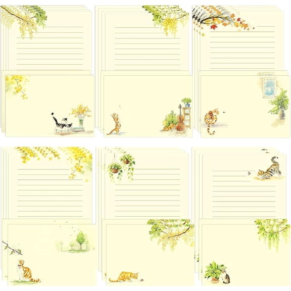 36PCS Cat Theme Stationery Set, Warm Yellow Healing Style Letter Writing Paper with Cute Kitty Illustrations and Envelopes for Letters, Invitations, Holiday Greetings, Party Notes and Gifts
