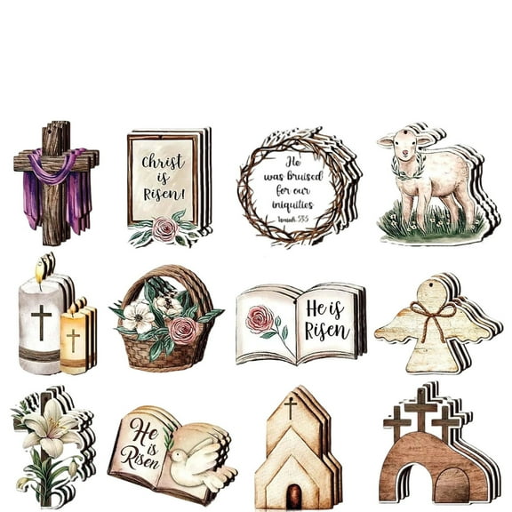 36PCS Easter Wooden Ornaments Religious Hanging Decorations Christian Wood Cross Lamb Dove Crafts for Spring Holiday Party Favors Home Wall Decor