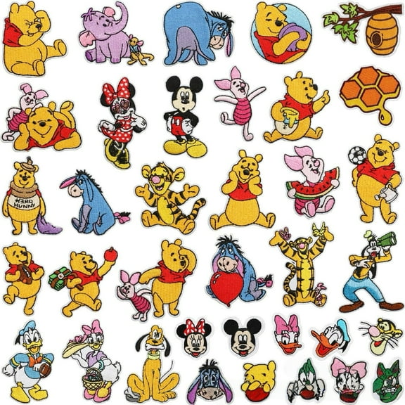 36PCS Embroidered Iron on Patches DIY Accessories, Pooh Bear Decorative Patches, Mickey Sewing Applique for Jackets, Hats, Backpacks, Jeans