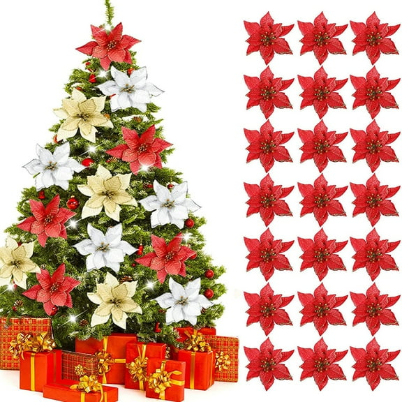 36PCS Glitter Christmas Artificial Flowers Christmas Poinsettia Decor Christmas Tree Wreaths Ornaments for Christmas Home Wedding Party