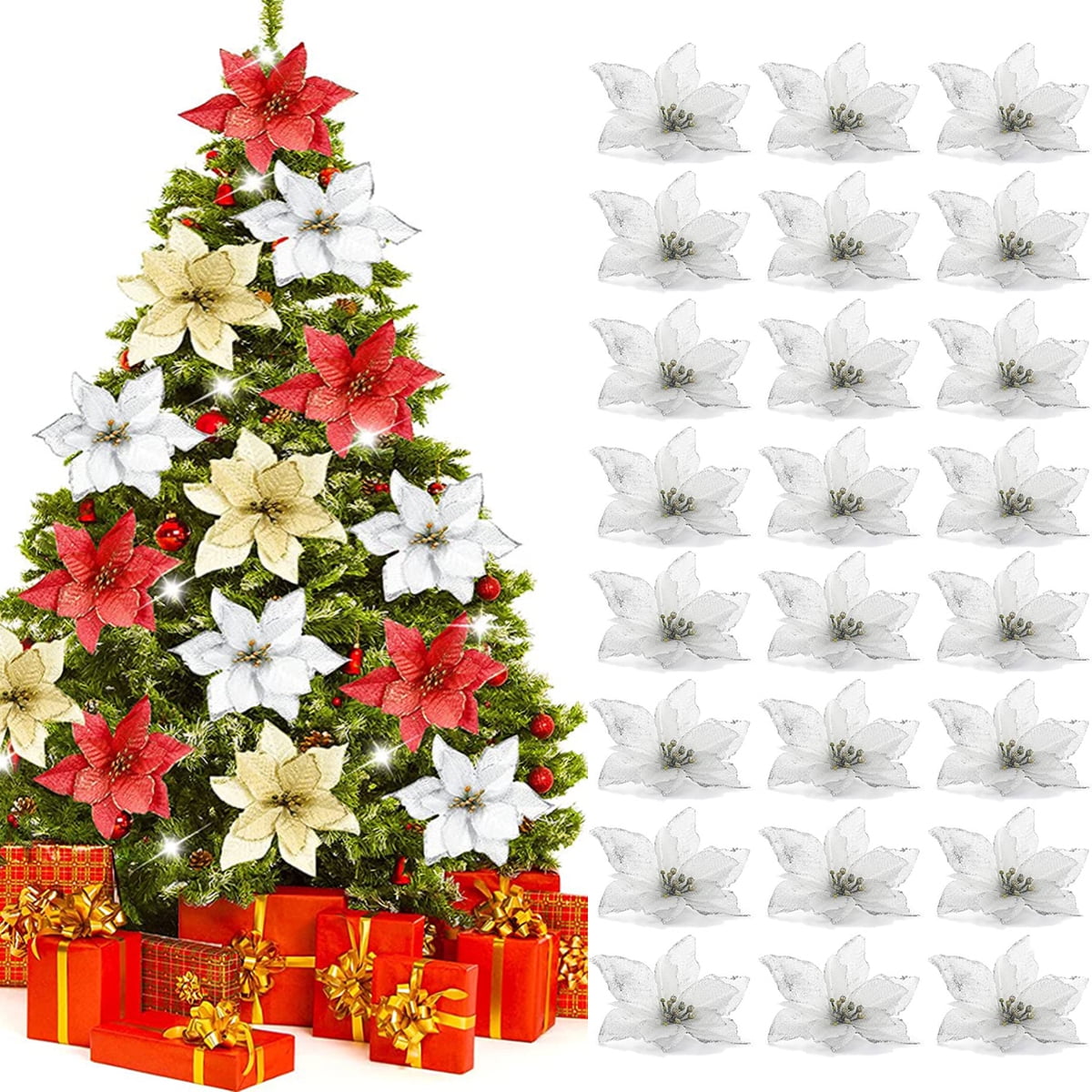 36PCS Glitter Christmas Artificial Flowers Christmas Poinsettia Decor Christmas Tree Wreaths Ornaments for Christmas Home Wedding Party