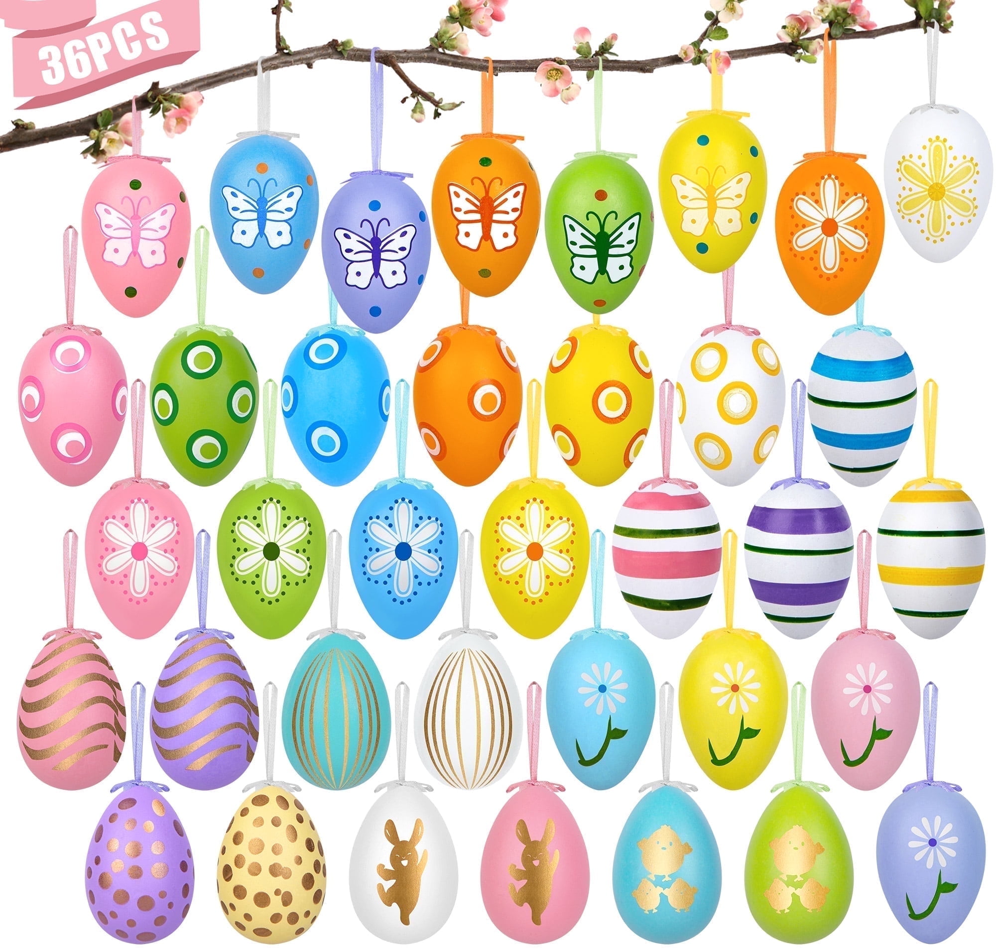 Scidweet 36PCS Hanging Easter Eggs, 2.36'' Tall Plastic Eggs Easter Decoration for Easter Hunt, Easter Basket Stuffers Fillers, Classroom Prize Supplies, Classroom Gifts for Easter