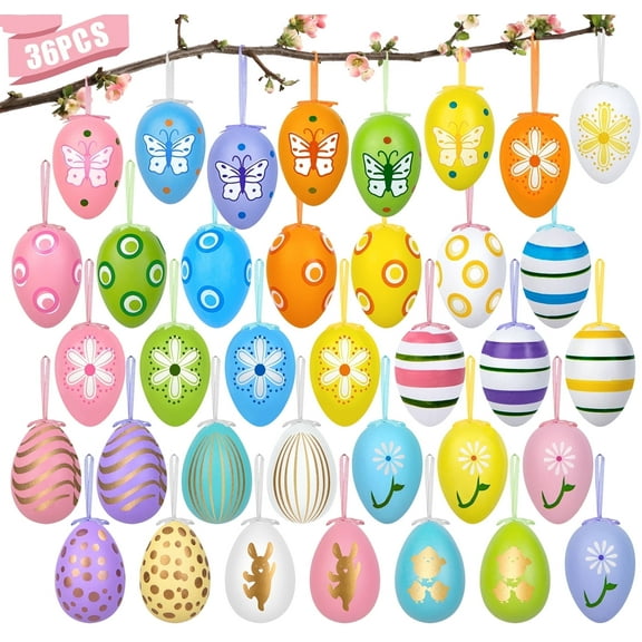 Scidweet 36PCS Hanging Easter Eggs, 2.36'' Tall Plastic Eggs Easter Decoration for Easter Hunt, Easter Basket Stuffers Fillers, Classroom Prize Supplies, Classroom Gifts for Easter