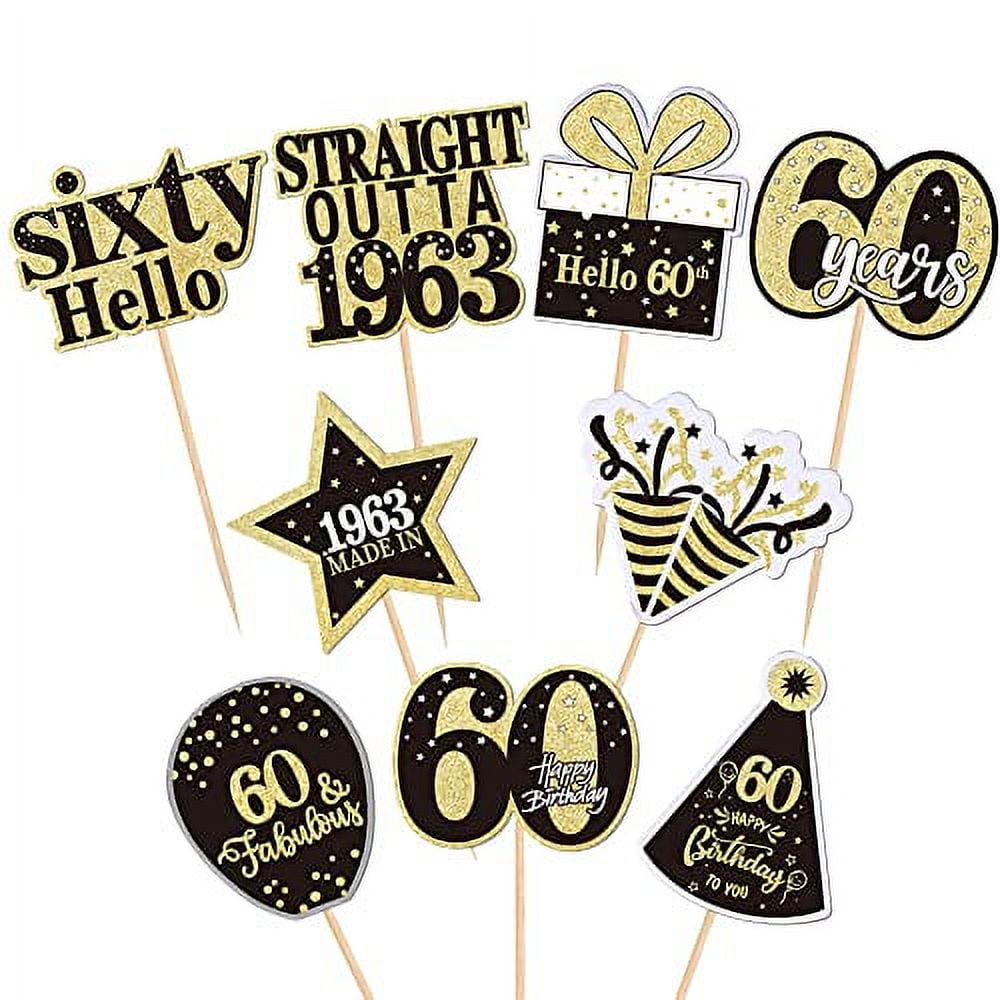 36PCS Happy 60th Birthday Cupcake Toppers Double Sided Black Gold Sixty Hello 60 Straight Outta 1963 Cupcake Picks 60 Fabulous Cheers to 60 Years Cake Decorations for 60th Birthday Party Supplies