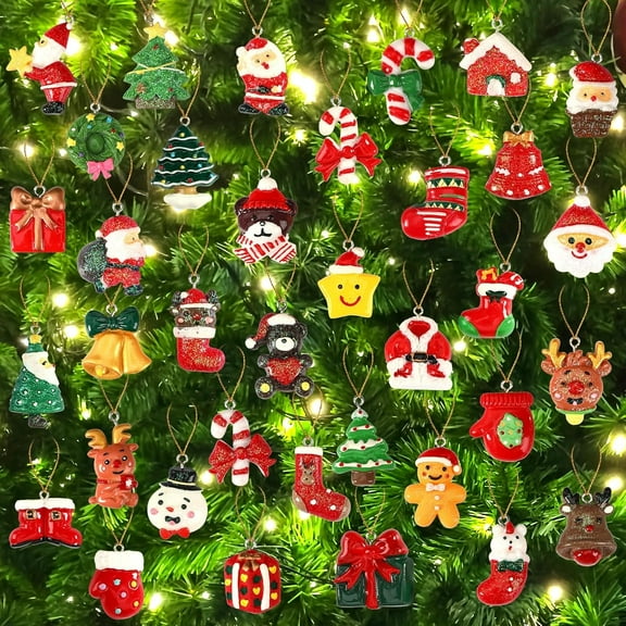 36PCS Mini Resin Christmas Ornaments Tiny Christmas Hanging Ornaments for Tree Xmas Miniatures Figurines Charms with String Resin Hanging Pendants for Holiday Party Decorations