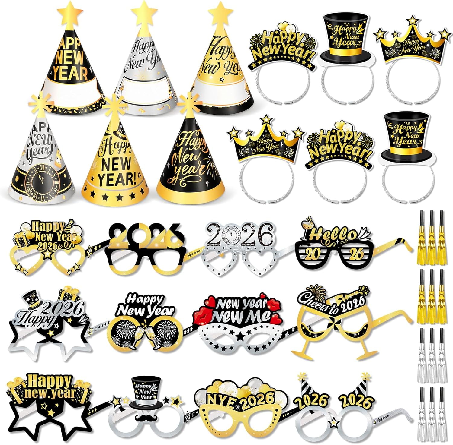36PCS New Year's Eve Party Supplies 2026, New Years Eve Party Hats Glasses Happy New Year Headband Fringed Noise Makers, Black Gold Silver New Years Eve Decorations 2026 New Year Eve Photo Props