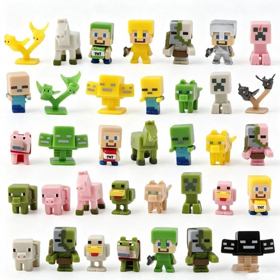 36PCS Pixel Style Mini Figure Set, Cute Cube Character Decorations, Small Cake Toppers, Party Table Decor, Desk Accessories, Collectible Display Figures for Ages 14+
