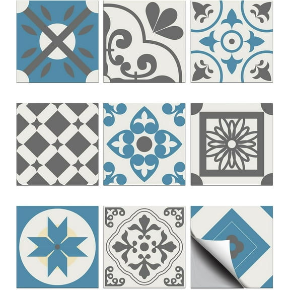 36PCS Portuguese Style Wall Stickers Blue Grey Geometric Shape Wall Tile Stickers Self Adhesive Stick on Tile Waterproof Decals for Kitchen Bathroom Toilet Decor 4x4 Inches Light Sky Blue