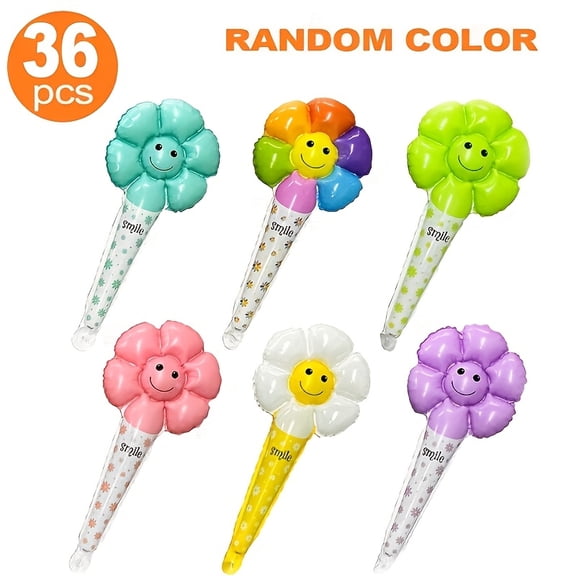 36PCS Smiling Daisy Flower Balloons, Colorful Handheld Flower Shaped Balloons for Birthday, Wedding, Garden Party, Holiday Celebration, Kindergarten Prizes and Party Decorations