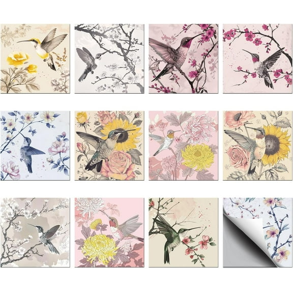 36PCS Tile Stickers Hummingbird Flower Peel and Stick Wall Tile Stickers Waterproof Self Adhesive Stick on Tile Decals for Kitchen Bathroom Wall Art Decor 4x4 Inches DIY
