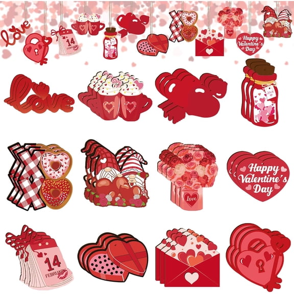 36PCS Valentine's Day Wood Hanging Ornaments Love Wooden Hanging Decorations Heart Gnome Wood Cutouts with Hemp Rope for Small Tree Wedding Valentine's Day Home Decor Party Supplies