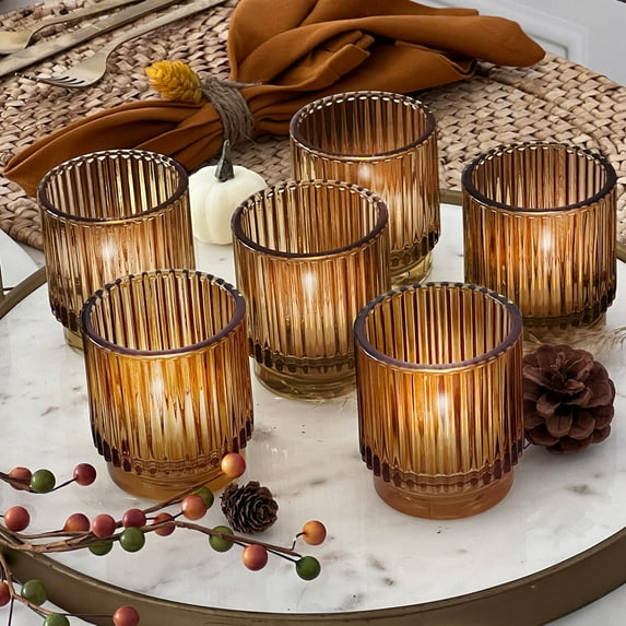 36PCS Vintage Ribbed Amber Glass Tealight & Votive Candle Holders by Kate Aspen, Fall Decor, Boho Decor, Shelf Decoration | Perfect Hostess Gift or Home Decor