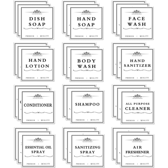 36PCS Waterproof Labels for Bottles, Hand Soap Lotion Shampoo and Conditioner Dispenser Label Stickers, Removable Cleaning Bathroom Labels for Glass or Plastic Bottles(3"x3")