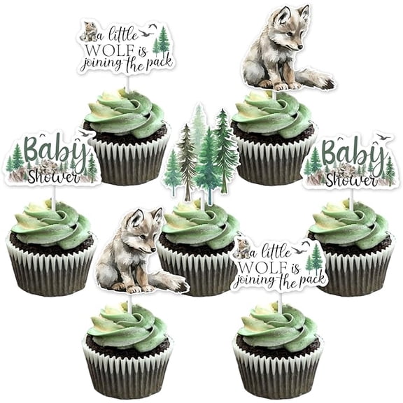 36PCS Wolf Baby Shower Cake Decorations Wolf Cupcake Toppers a Little Wolf is Joining The Pack Baby Shower Decorations Wolf Baby Shower Decorations for Wolf Theme Party Supplies