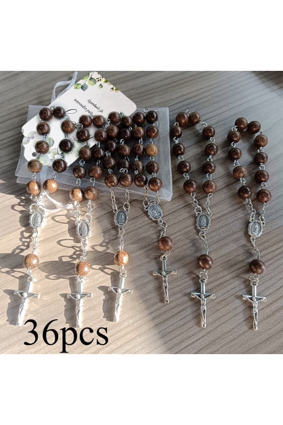 36PCS Wooden Cross Rosary Bracelet Gift Set, Handmade Beaded Cross Bracelets with 12 Thank You Cards & 12 Gift Bags for Baptism, First Communion, Wedding Favors & Religious Party Gifts