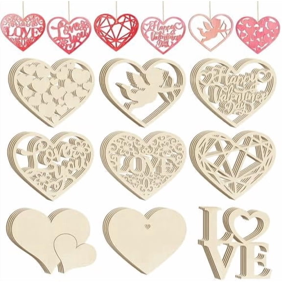 36PCS Wooden Heart Ornaments to Paint Valentine's Day Craft,9 Styles DIY Blank Unfinished Wood Heart Cutouts Ornament for Crafts Spring Tree Hanging Decorations Love