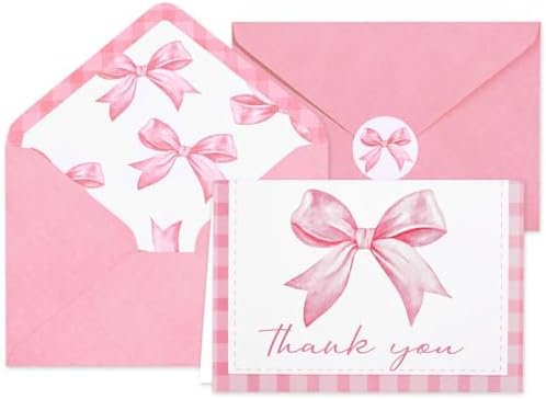 36Pack Pink Bow Thank You Cards with Envelopes Stickers Coquette Cute ...
