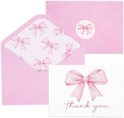 36Pack Pink Bow Thank You Cards with Envelopes and Stickers,Pink Thank ...