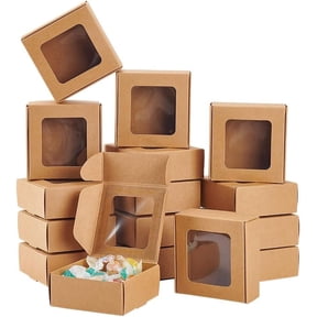 36Packs 3x3x1.2 Inch Brown Kraft Paper Box with Clear Windows Foldable Paper Gift Box Goodies Candy Box Dessert Box