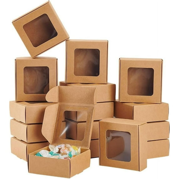 36Packs 3x3x1.2 Inch Brown Kraft Paper Box with Clear Windows Foldable Paper Gift Box Goodies Candy Box Dessert Box