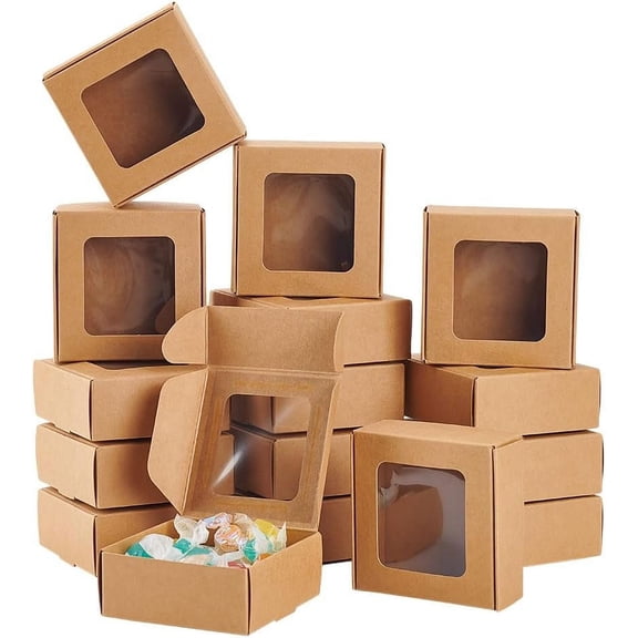 36Packs 3x3x1.2 Inch Brown Kraft Paper Box with Clear Windows Foldable Paper Gift Box Goodies Candy Box Dessert Box