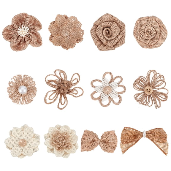 36Pcs 12 Styles Burlap Flowers Set Natural Linen Handmade Rustic Flower Mixed Color Burlap Bowknots Ribbons Jute Twine Embellishments