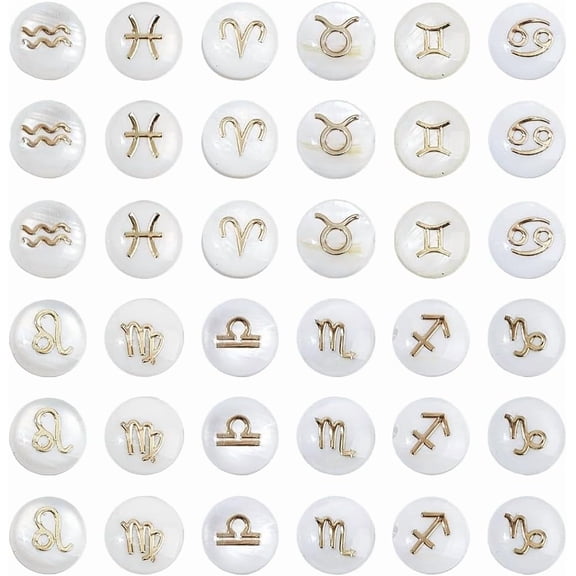 36Pcs 12 Styles White Seashell Beads Zodiac Sign Seashell Beads 12 Constellation Shell Bead Astrology Horoscope Shell Loose Bead Summer Ocean Beach Spacers for Boho DIY Jewelry Making White