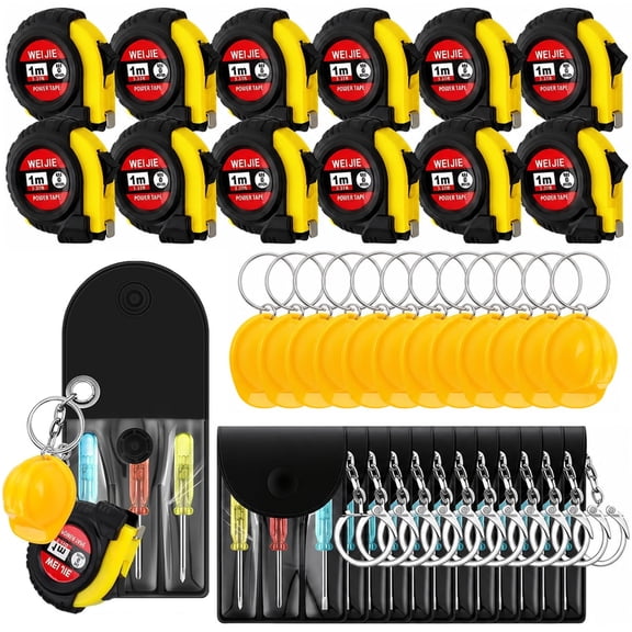 36Pcs 12Sets Mini Tool Keychain Party Favor Gift Set Tape Measure Screwdriver Helmet Keychains 3ft 1m Construction Tool Gifts for Men Fathers Day Gifts Party Bag Fillers
