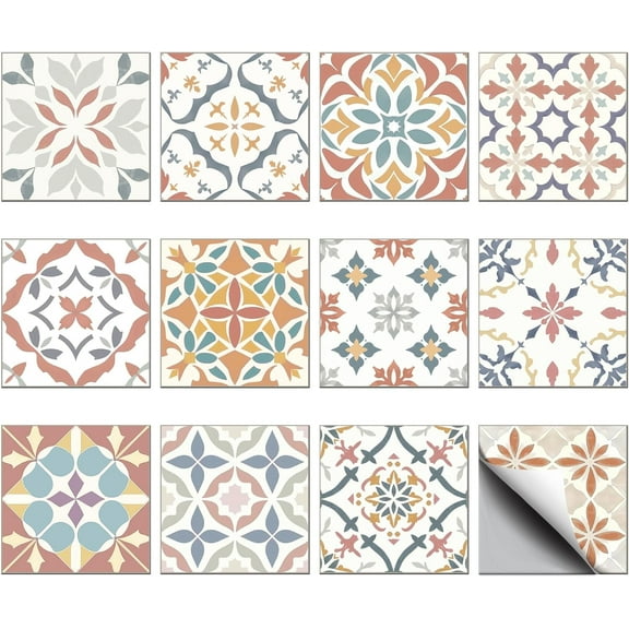 36Pcs 12Styles Mediterranean Mandala Wall Tile Decals Peel and Stick Tile Stickers Waterproof Self-Adhesive Backsplash Stickers for Kitchen Bathroom Decor 4x4Inch
