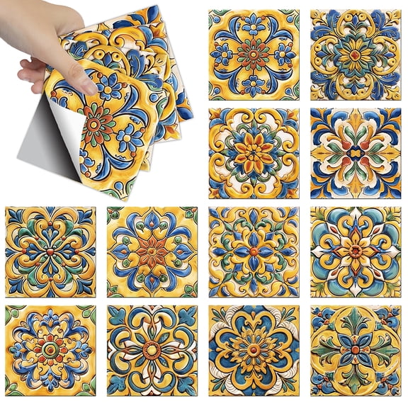 36Pcs 12Styles Peel and Stick Backsplash Tile Stickers Retro Yellow Mandala Tile Decals Waterproof Self-Adhesive Square Wall DecalsDIY