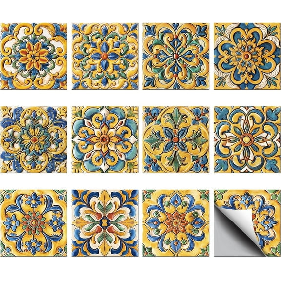 36Pcs 12Styles Peel and Stick Backsplash Tile Stickers Retro Yellow Mandala Tile Decals Waterproof Self-Adhesive Square Wall Decals