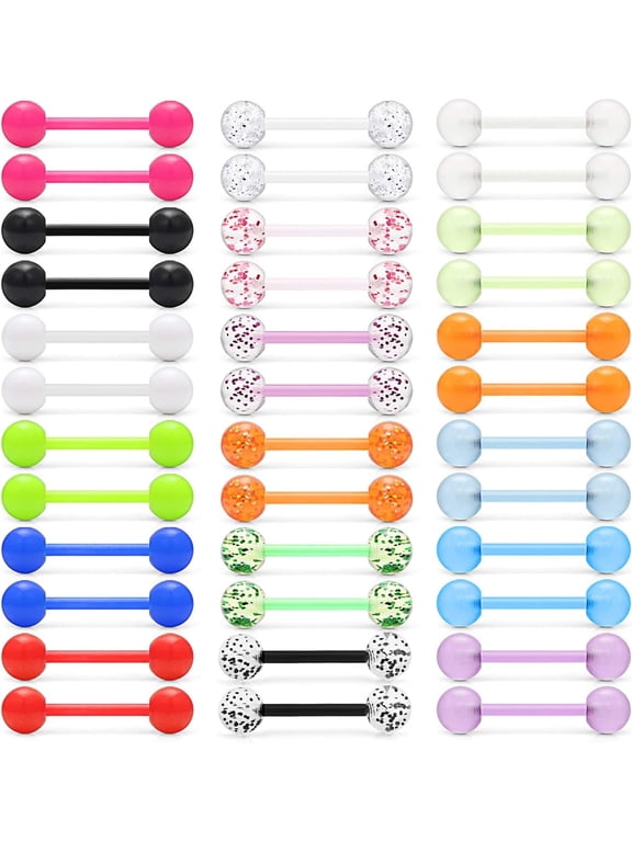 36Pcs 14G Glow in Dark Flexible Acrylic Straight Tongue Barbell Nipple Ring Retainer Piercing Jewelry for Women Men 16mm Bar