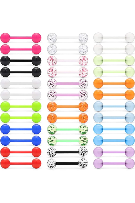 36pcs Glow-in-the-Dark Acrylic Tongue & Nipple Barbell Piercing Jewelry, 14G, 16mm