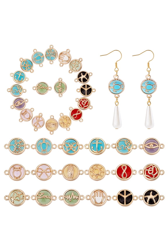 36Pcs 18 Styles Glass Connector Charms with Light Gold Plated Alloy Findings Flat Round Links with Mixed Patterns Mixed Color