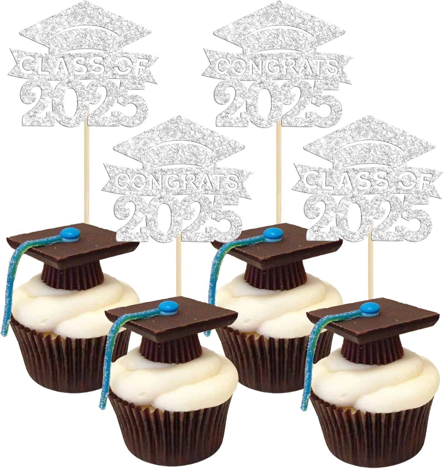 36Pcs 2025 Graduation Cap Cupcake Toppers 2025 Silver Glitter Class of 2025 Cupcake Picks 2025 Graduation Theme Party Cake Decorations