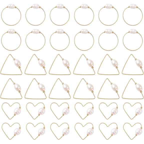 36Pcs 3 Style Copper Linking Rings with Natural Cultured Freshwater Pearl Triangle & Heart & Ring Golden 21~24.5x24~25x1mm
