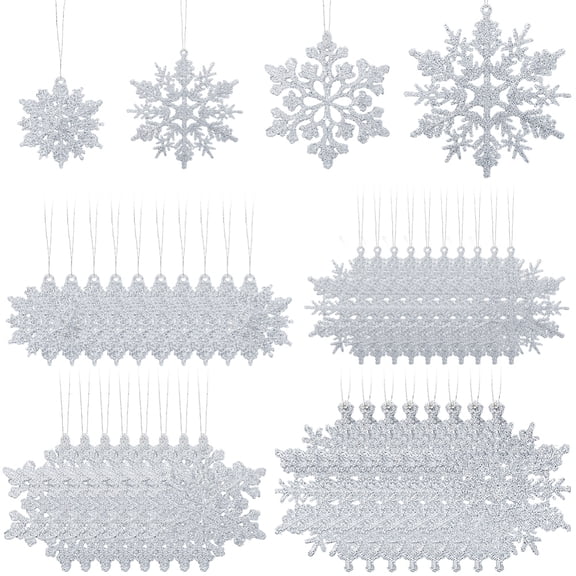 36Pcs 4 Sizes Silver Snowflake Ornaments Xmas Winter Decor Plastic Glitter Hanging Snowflake Accessories Christmas Tree Decorations Craft Snowflakes
