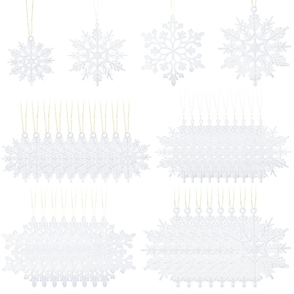 36Pcs 4 Sizes White Snowflake Ornaments Christmas Winter Decor Plastic Glitter Hanging Snowflake Accessories Xmas Tree Decorations Craft Snowflakes